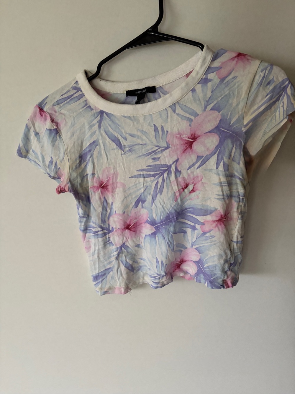 Forever 21 White Crop Top with Pink & Purple Floral Print